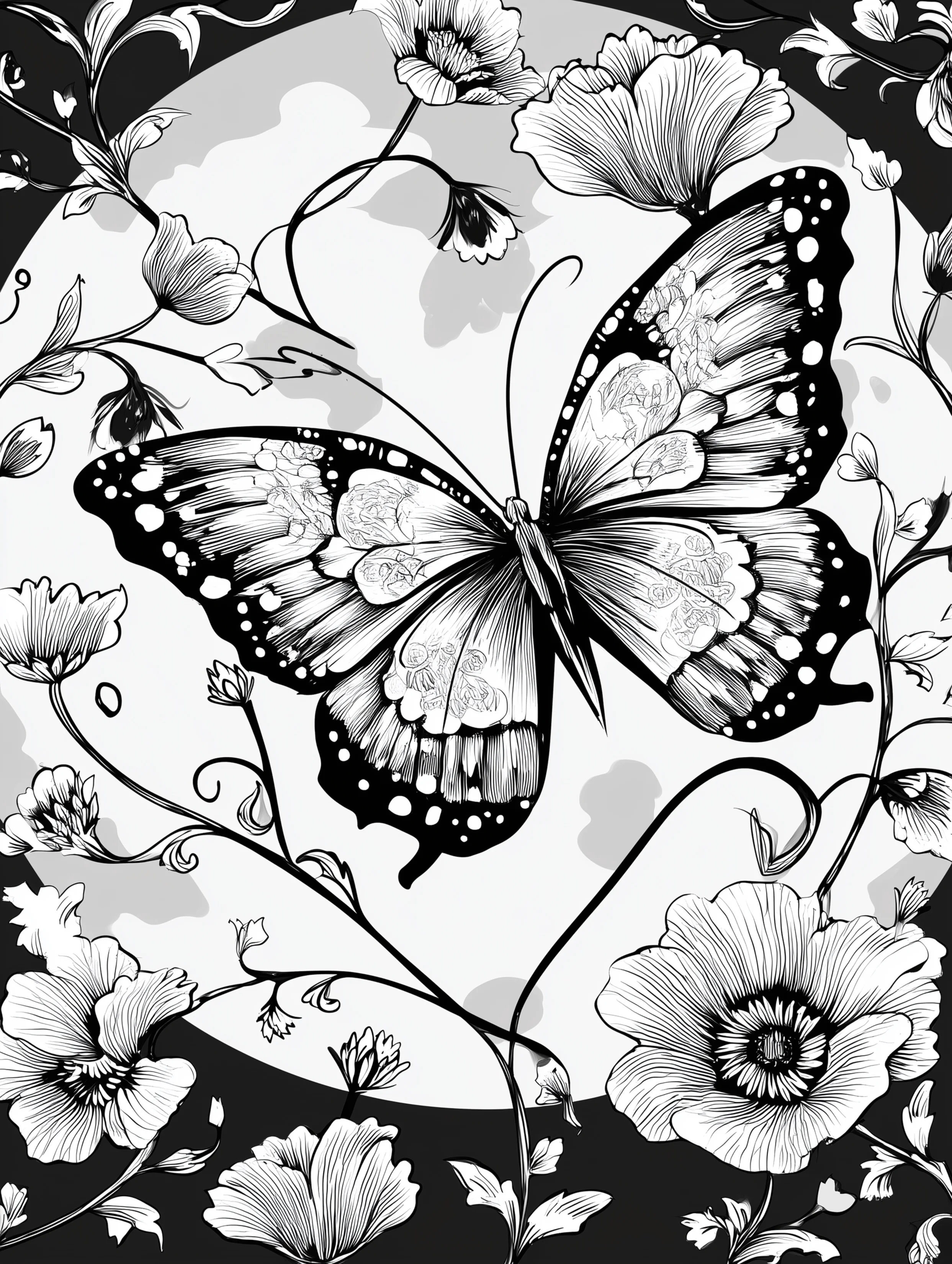 Free printable butterfly coloring page for adults featuring a butterfly with vines